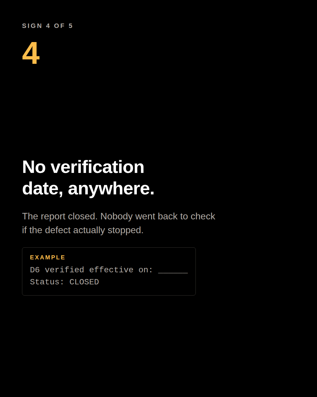 Carousel panel: no verification date, anywhere. Example: D6 verified effective on: blank. Status: CLOSED.
