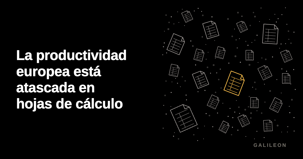 Archivos sueltos de hojas de cálculo que flotan separados sobre negro, sin conexión entre sí. Uno de ellos es dorado.