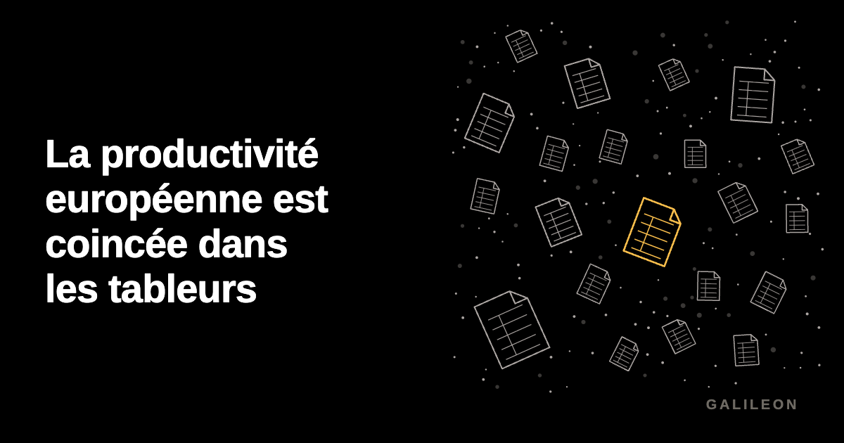 Des fichiers de tableur épars qui flottent sur fond noir, sans lien entre eux. L'un d'eux est doré.