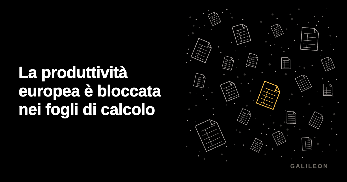 Fogli di calcolo sparsi che fluttuano su nero, lontani e non collegati tra loro. Uno è in oro.