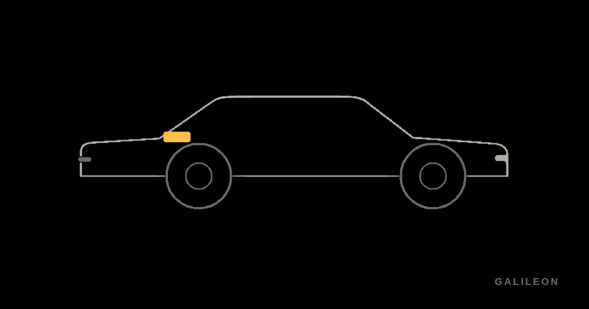 Grey outline of a sedan, the instrument cluster behind the windscreen picked out in gold.