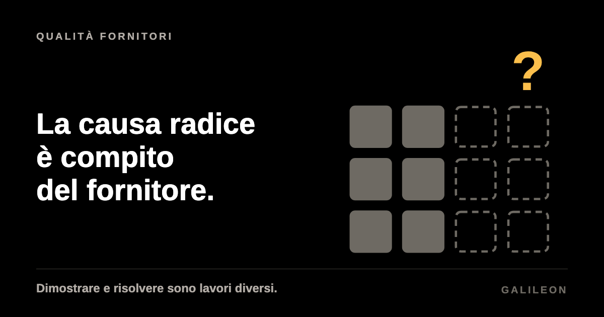 La causa radice è compito del fornitore, sfondo nero, tre righe grigie su quattro colonne, due piene, due solo contornate, un punto interrogativo in oro sopra l'ultima.
