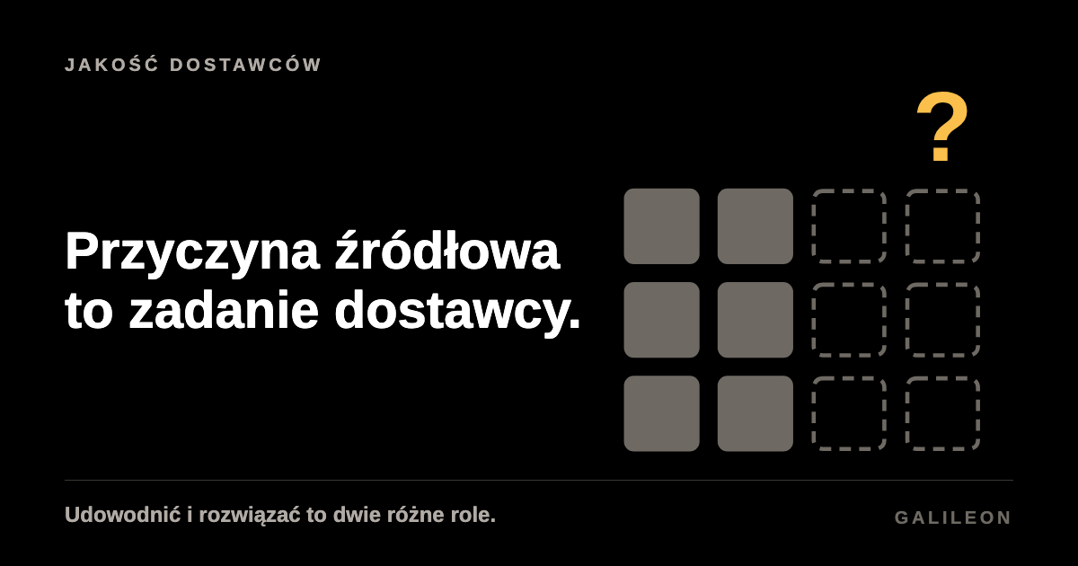Przyczyna źródłowa to zadanie dostawcy, czarne tło, trzy szare rzędy w czterech kolumnach, dwie wypełnione, dwie tylko obrysowane, złoty znak zapytania nad ostatnią.