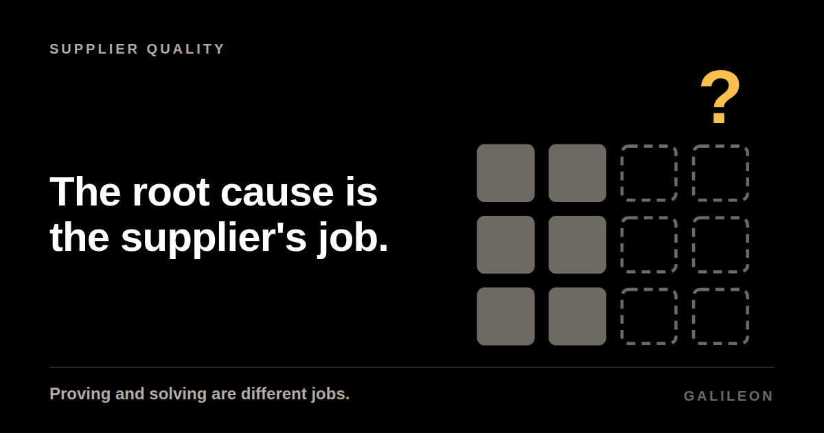 The root cause is the supplier's job, black background, three grey rows against four columns, two filled, two outlined, a gold question mark over the last one.